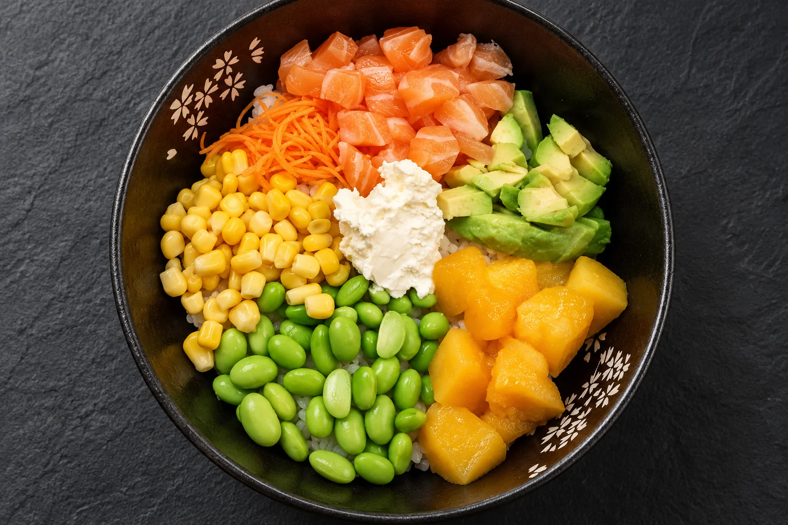 Salmon avocado poke bowl in a black flower-pattern bowl, seen from above, dark slate background.