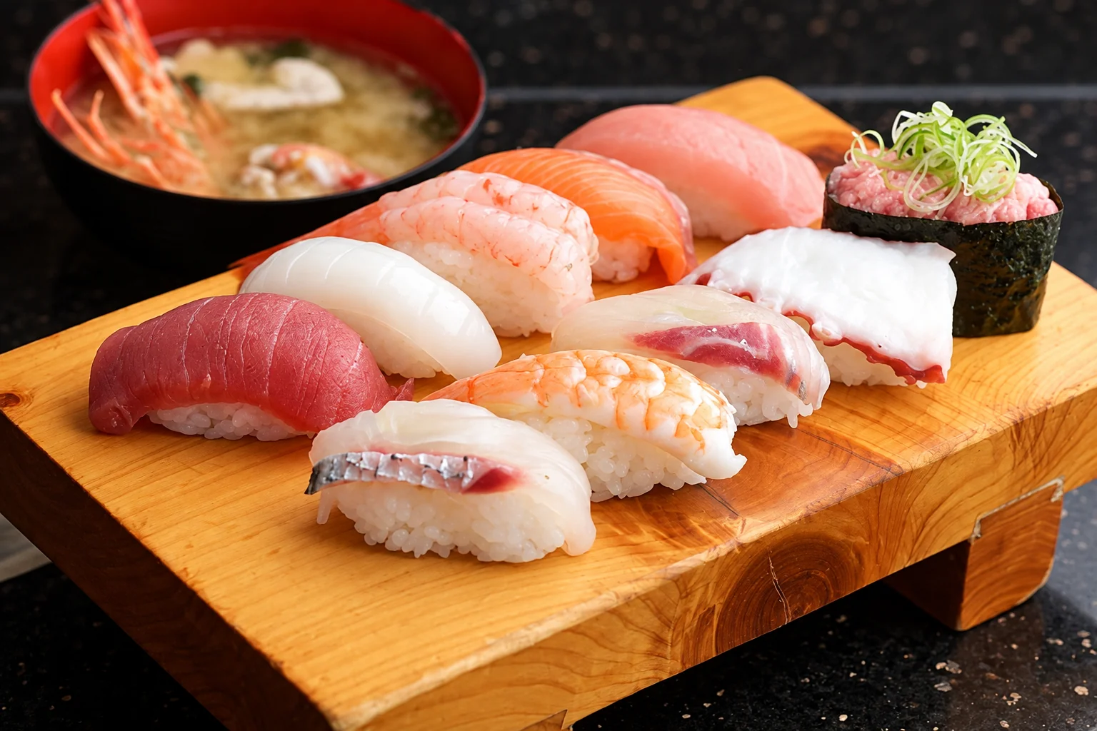 Sushi on a wooden board, a red bowl of soup in the background.