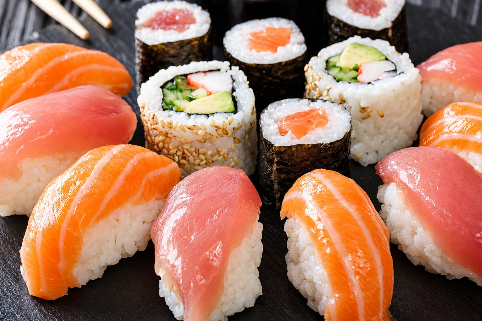 Salmon and tuna sushi, maki and california rolls on dark slate, chopsticks at the top.