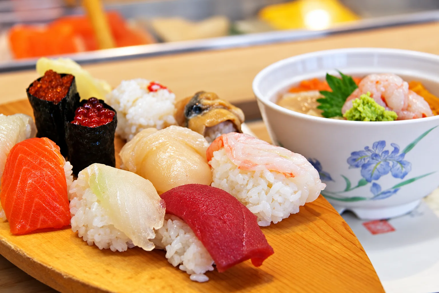 Sushi on a wooden tray, next to a white bowl with a blue flower pattern.